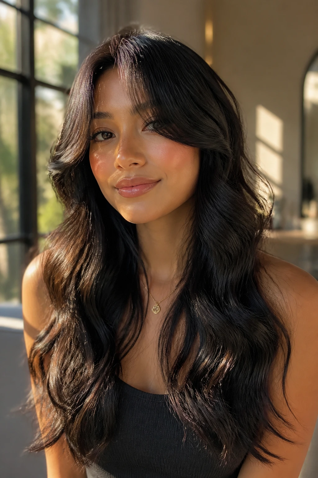 Portrait of a real person showing Bardot curtain bangs with beachy waves.