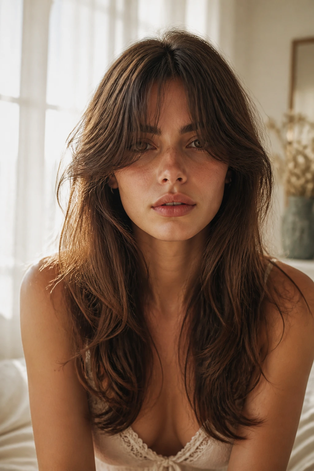 Real woman with Bardot-style curved heavy bangs in morning light.