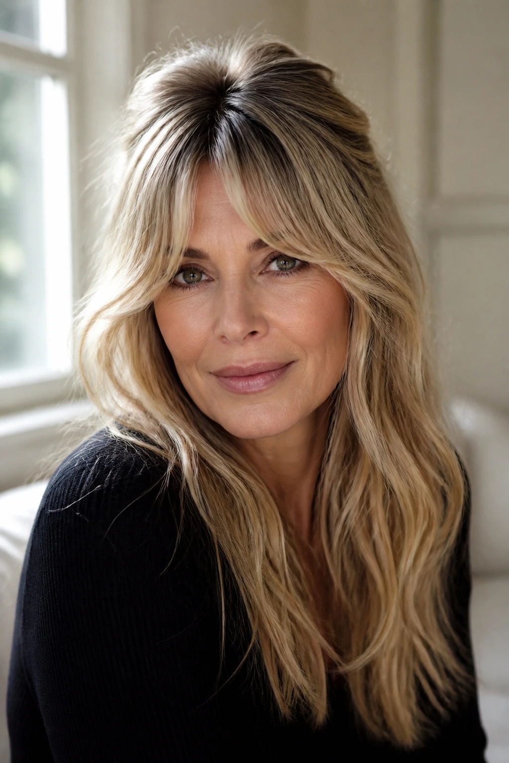 Woman with center-parted Bardot fringe and voluminous crown in soft window light
