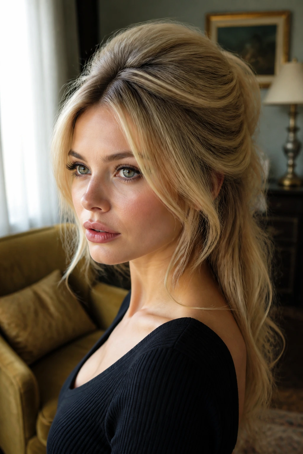 Close-up of Bardot half-up hairstyle with crown volume