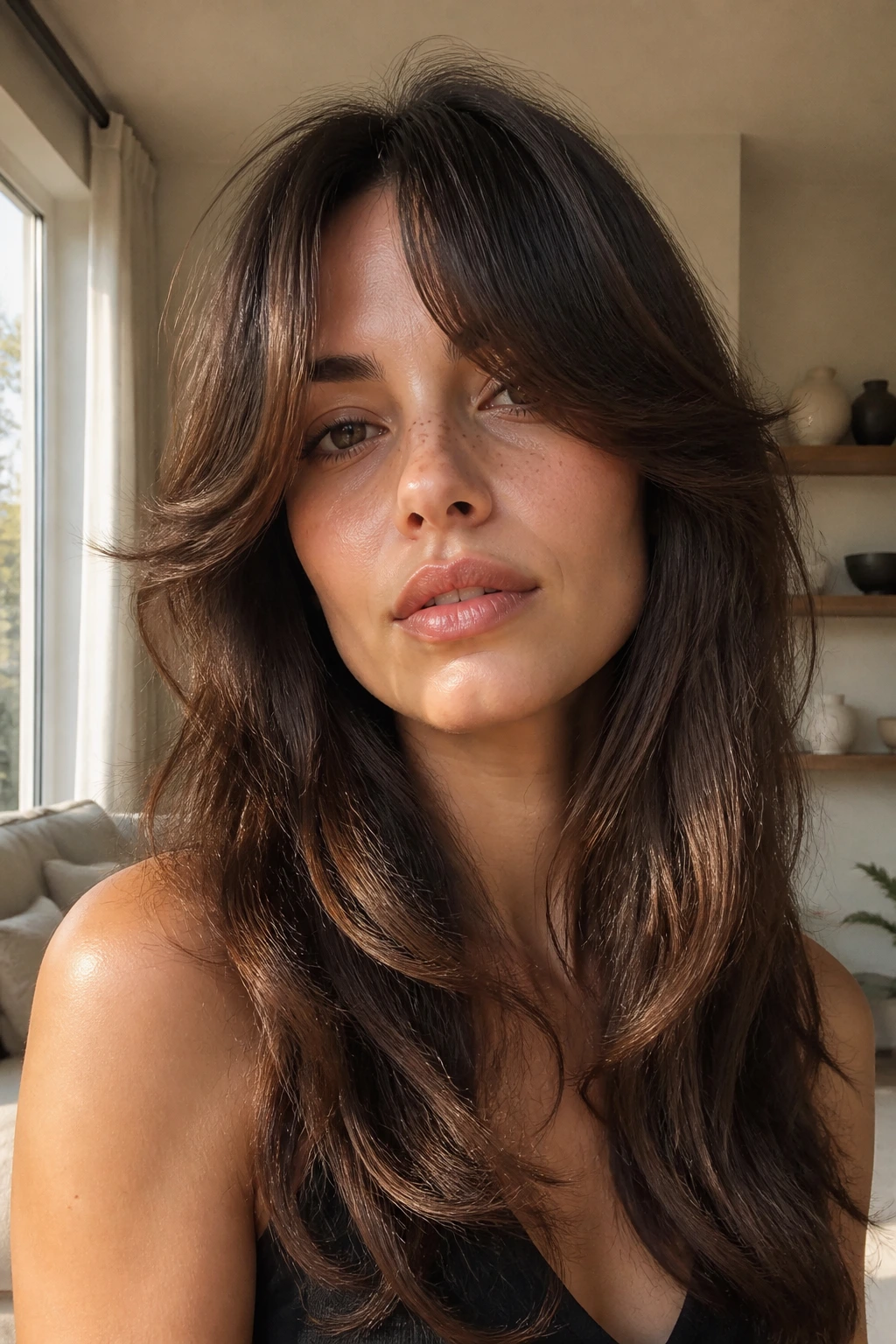 Close-up of a real woman with Bardot-style split heavy bangs.