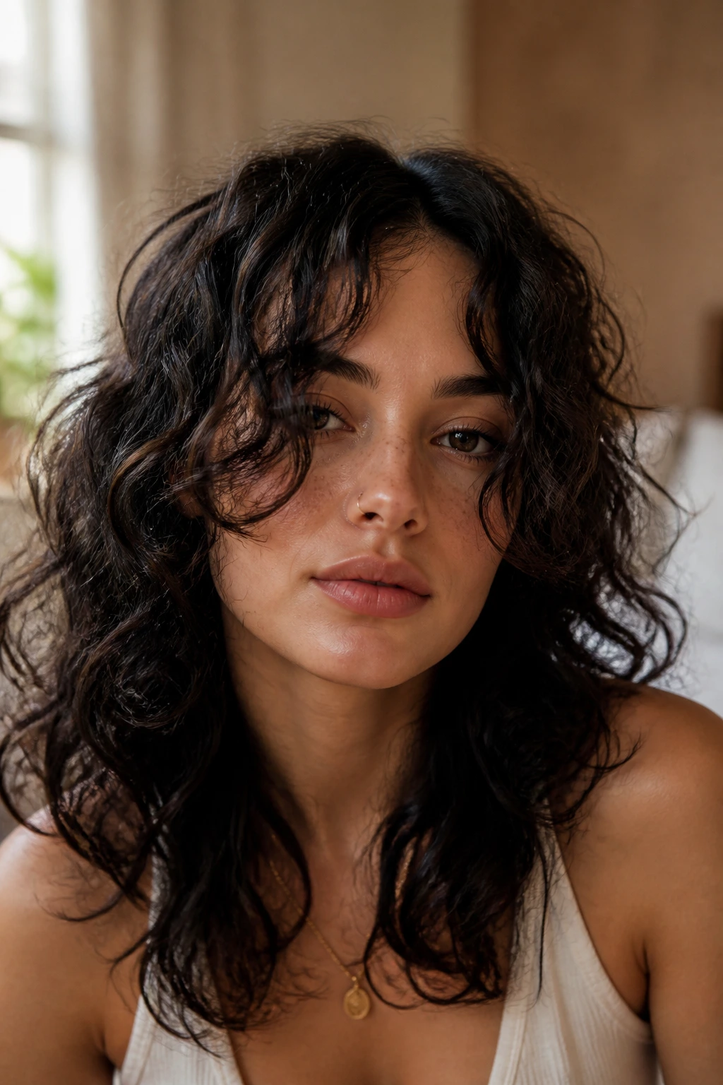 Close-up of Bardot-inspired split curly bangs on a real woman with center-parted fringe