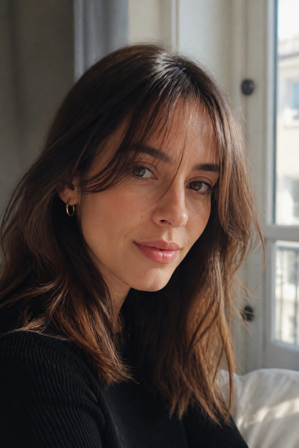 Close-up of a real person with barely-there bangs and feathered edges in natural light