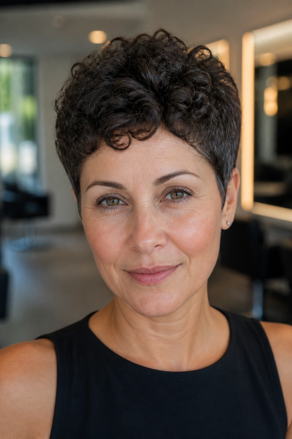 Close-up of a woman with extremely short layered curls showing velvet texture