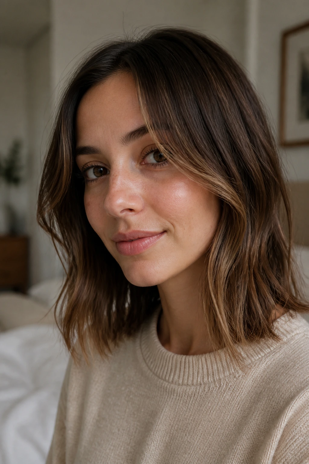 Close-up of a woman's shoulder-length fine hair with barely-there waves