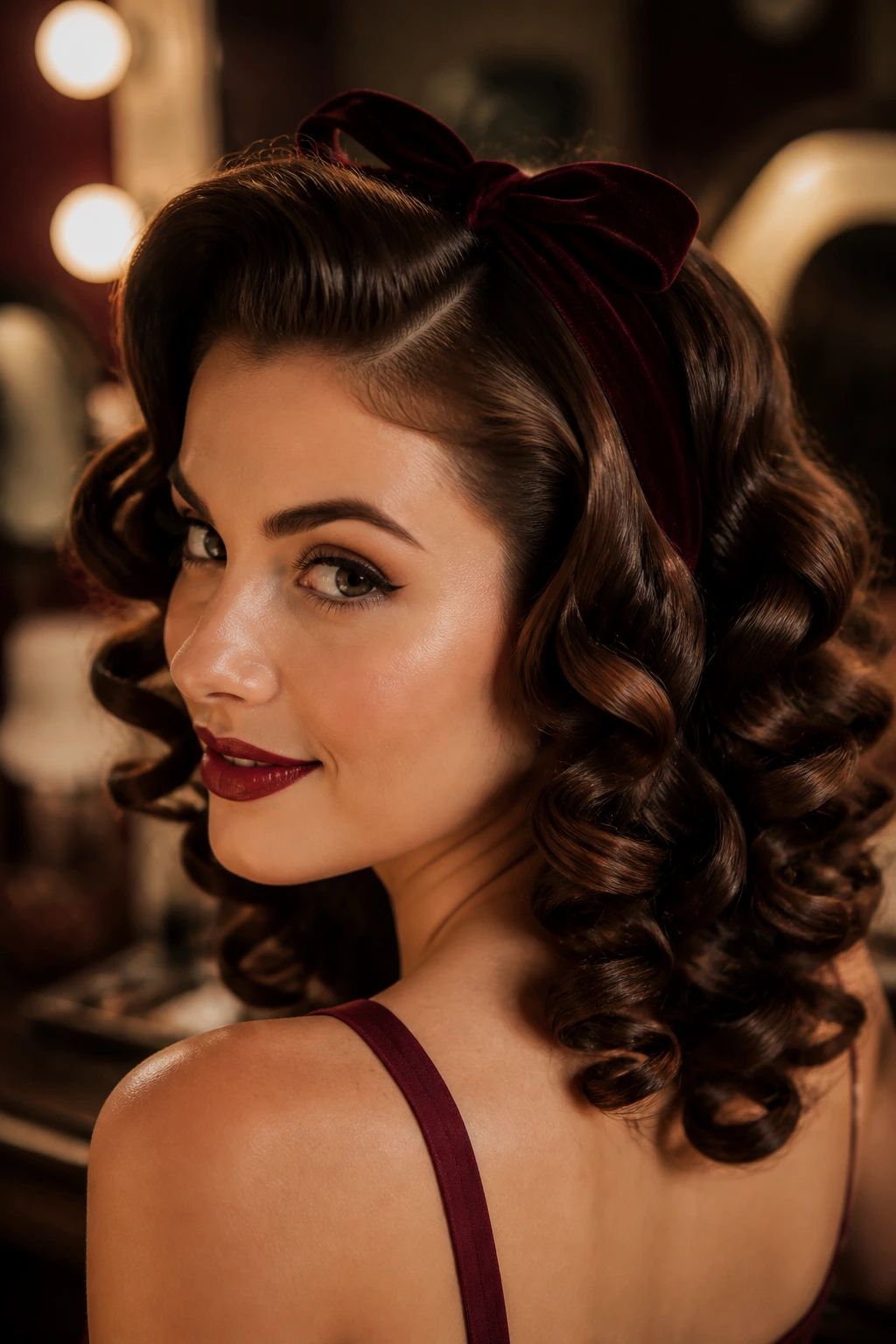 Close-up of woman with glossy barrel curls and velvet ribbon headband in warm light