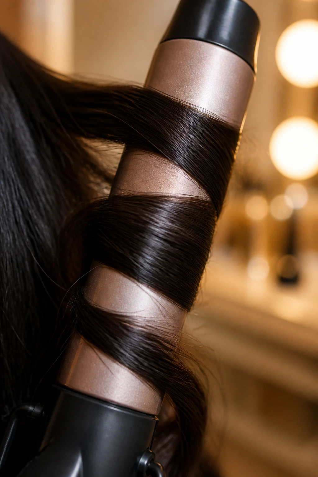 Macro close-up of curling iron barrel with hair wrapped around to show barrel material