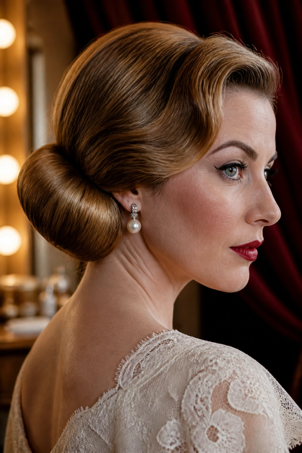 Close-up of a barrel roll chignon at the nape on a real woman