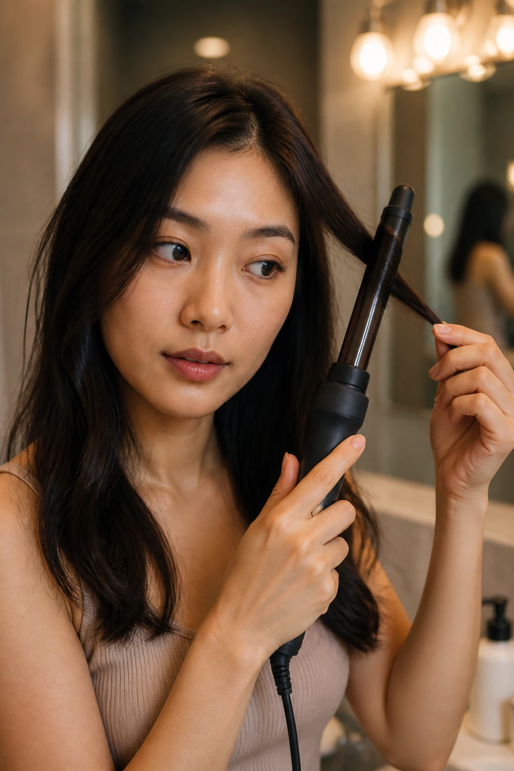 Medium close-up of a person curling hair with a 1-inch barrel curling wand on fine hair