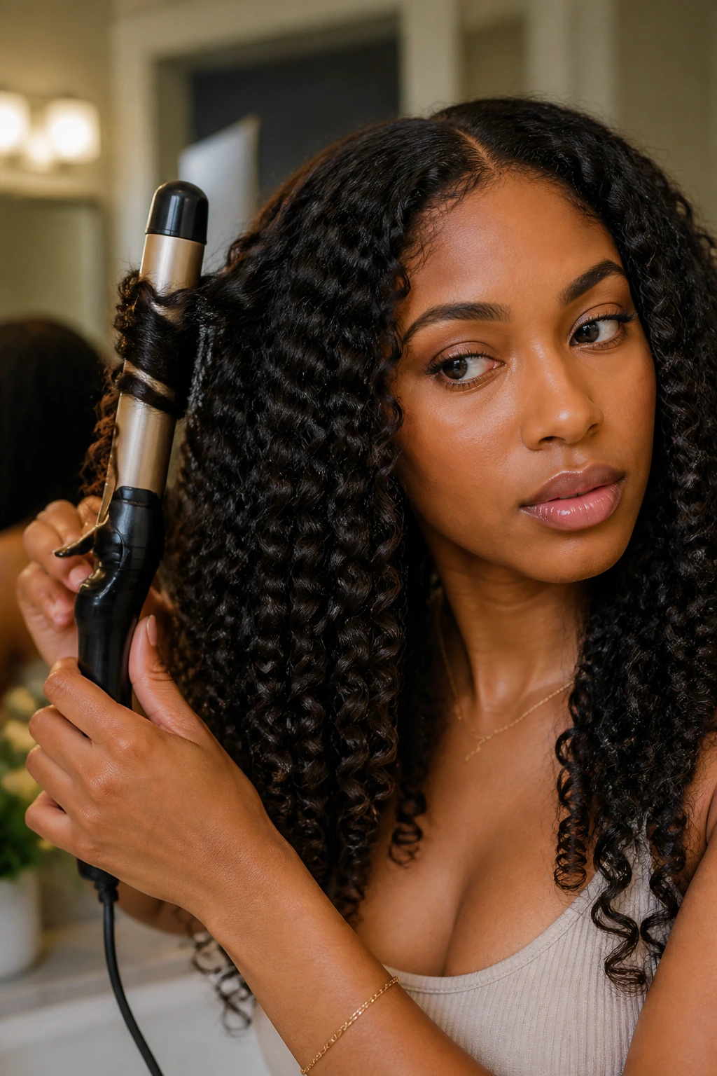 Close-up of a woman with defined curls holding a curling iron with a 1-inch barrel