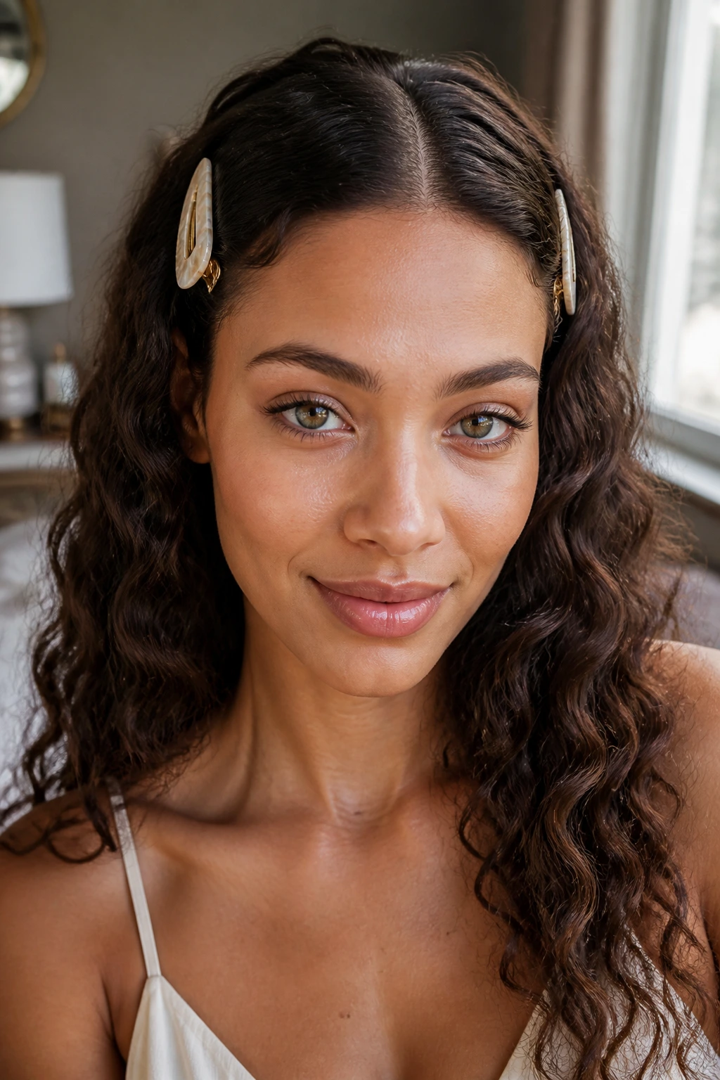 Close-up of a real woman with barrettes pulling back hair