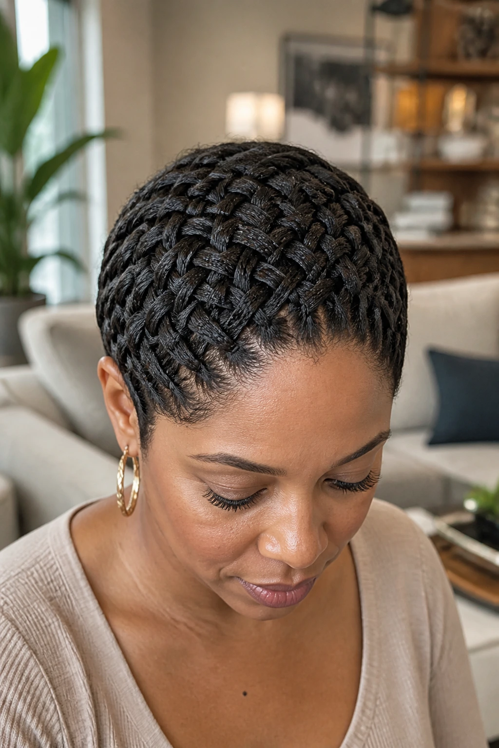 Close-up of a real woman with dense basketweave braids on short hair in a bright living room.