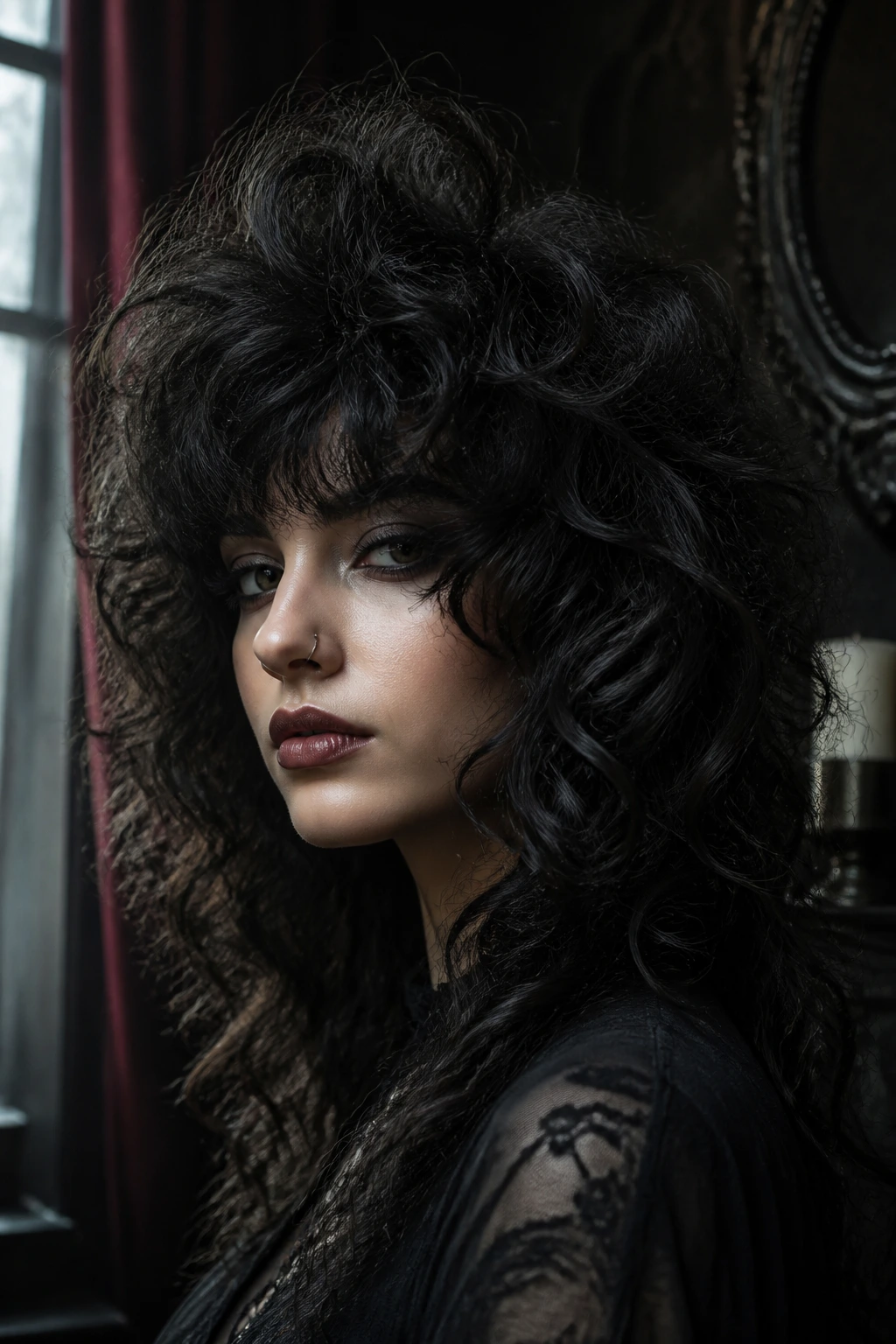 Close-up of a real person with voluminous bat-wing shag hairstyle.