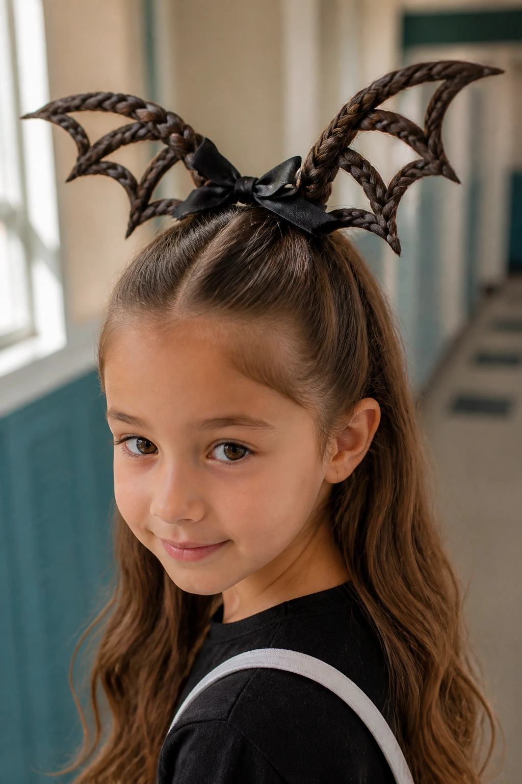 Close-up of real child showing Bat-Winged Half-Up Style with braided wings and ribbon