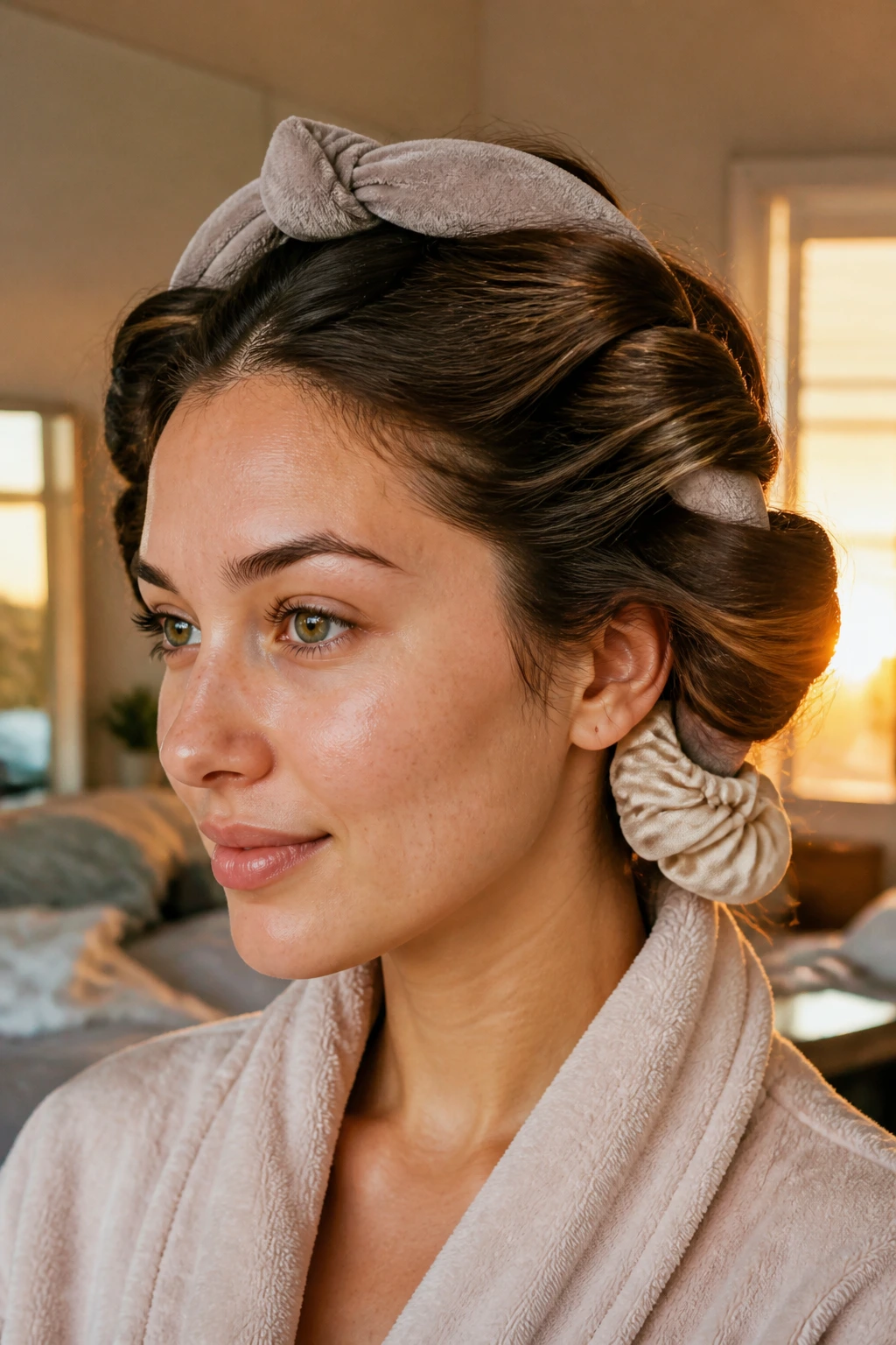 Real woman with hair wrapped around a bathrobe belt for curls