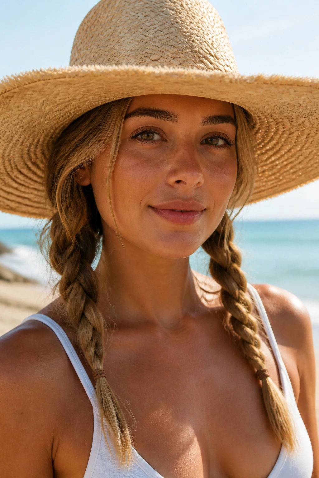 Close-up portrait of a real woman with loose low braided pigtails under a straw hat on a sunny beach