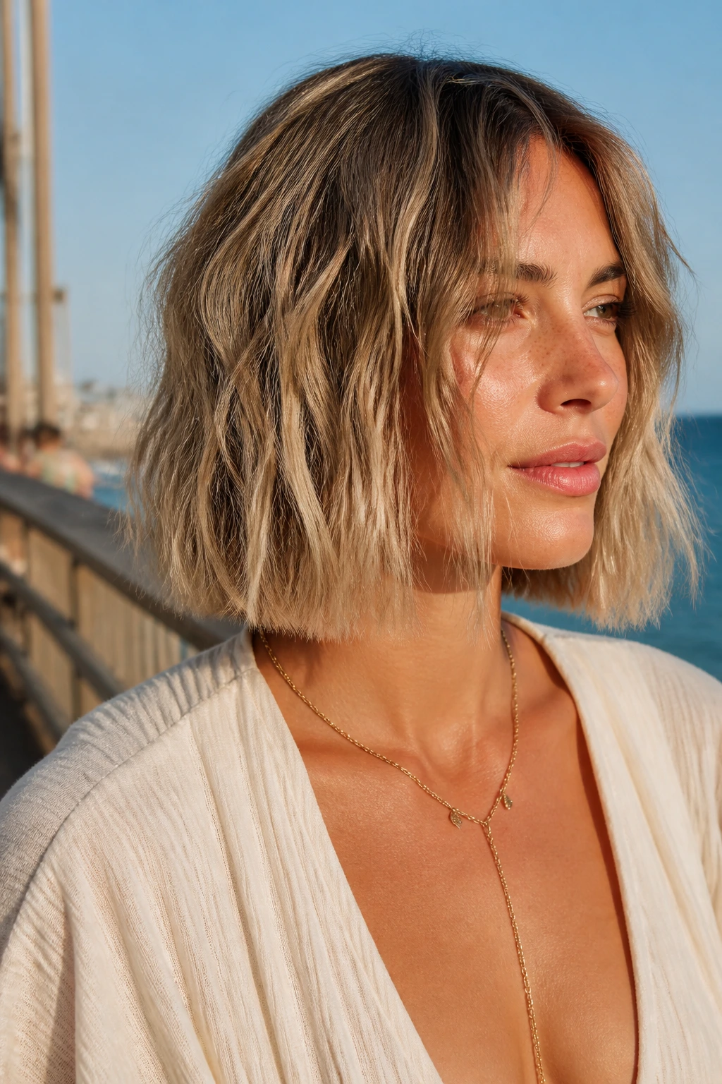 Close-up portrait of a real woman with a beach-wave blunt cut hair.