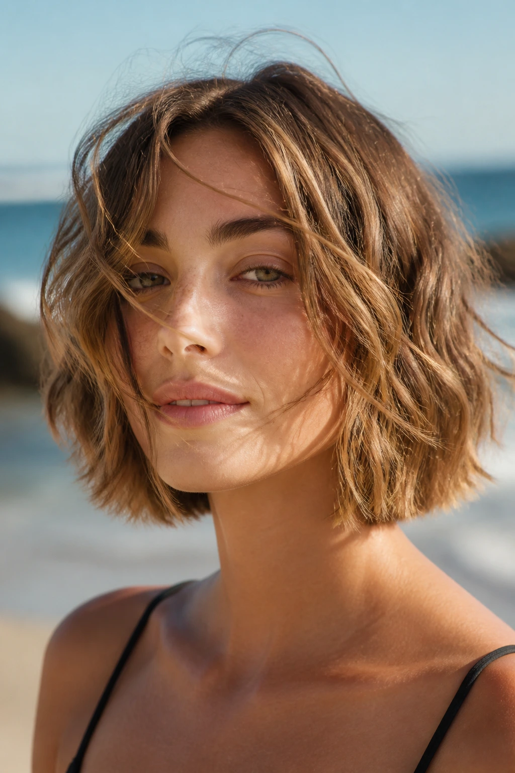 Close-up portrait of a real woman with jaw-length beach-wave bob on a windy beach.