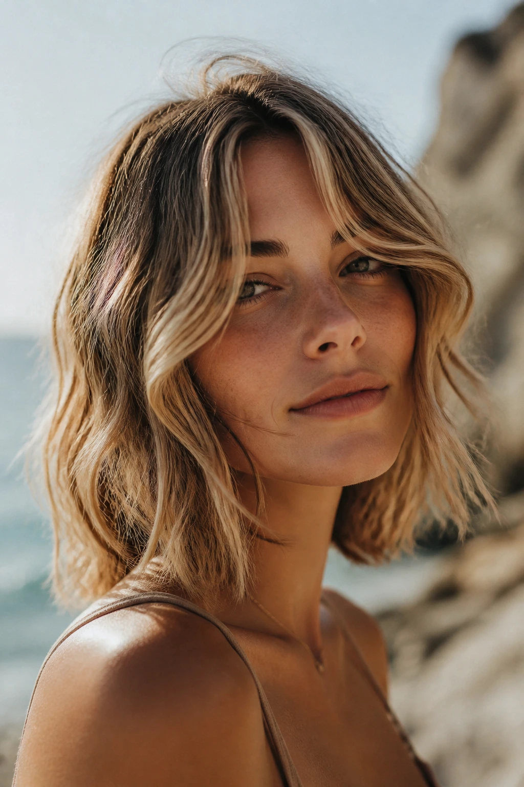 Close-up portrait of a real woman with a messy beach-wave bob