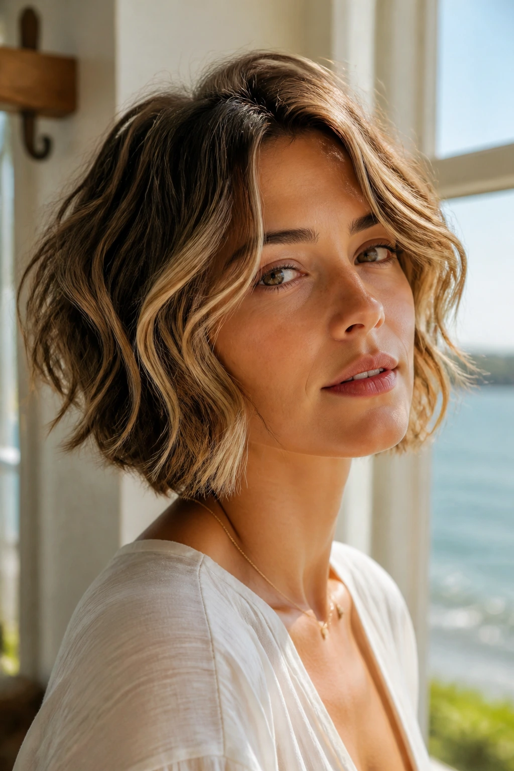 Portrait of a woman with a beach-wave graduated bob in a sunlit seaside setting