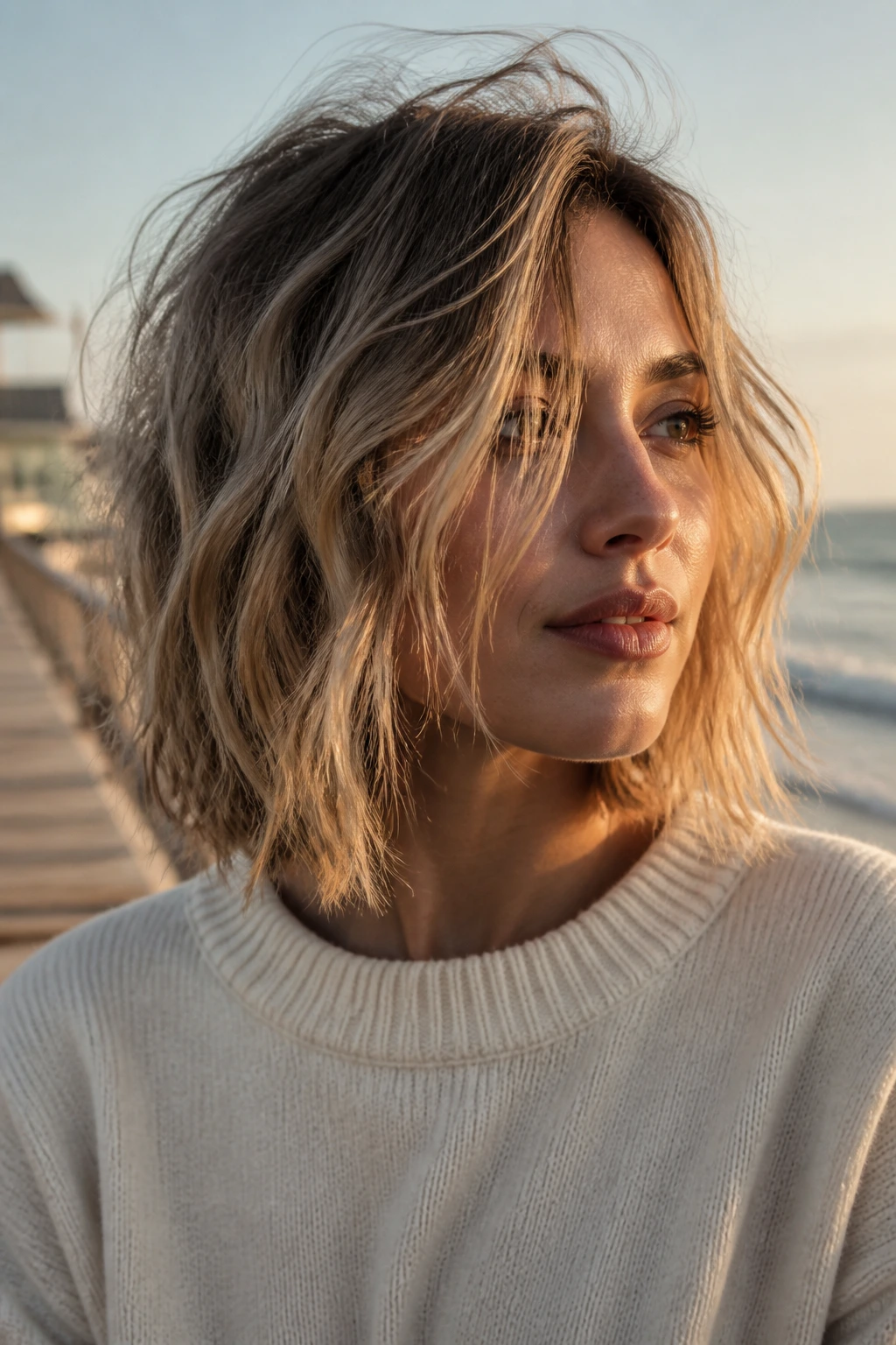Portrait of a real woman with a messy beach-wave lob in golden hour light.