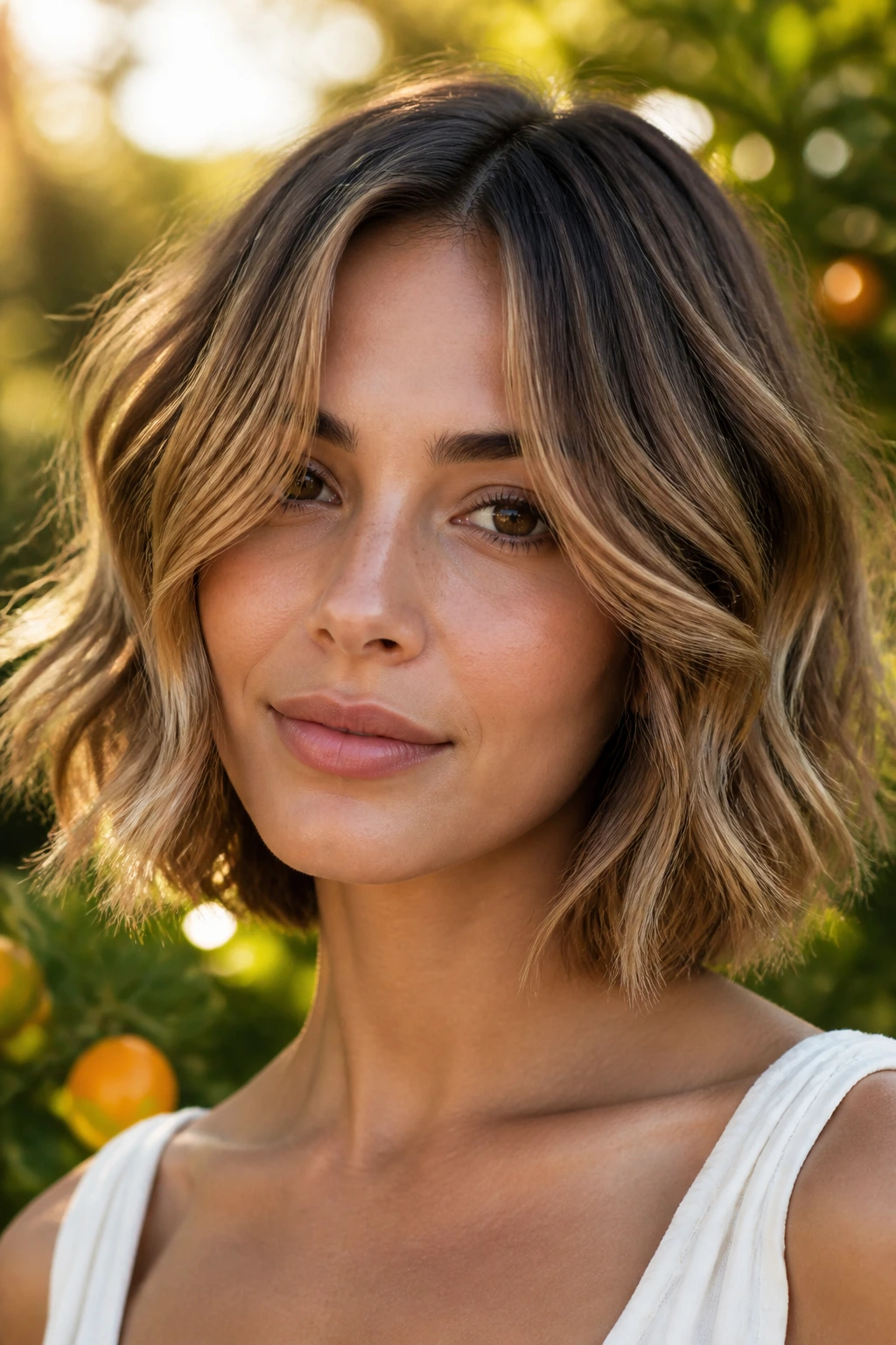 Portrait of a real woman with center-parted bangs and beachy waves