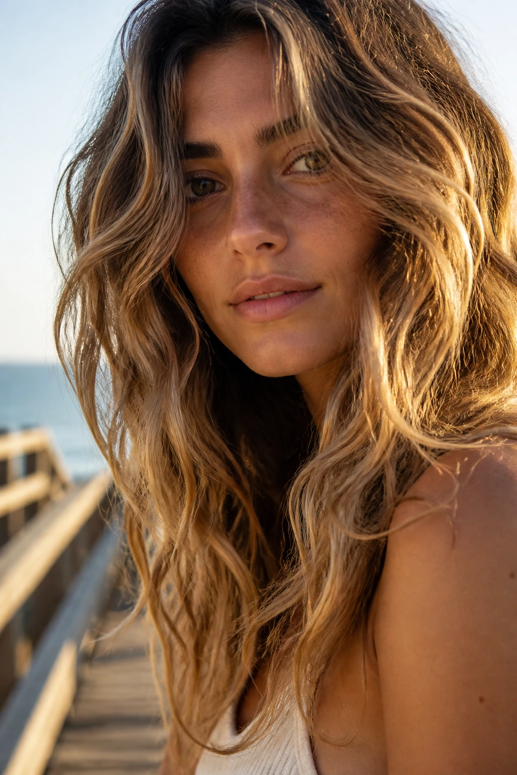 Close-up of a woman with beachy waves on a sunny boardwalk