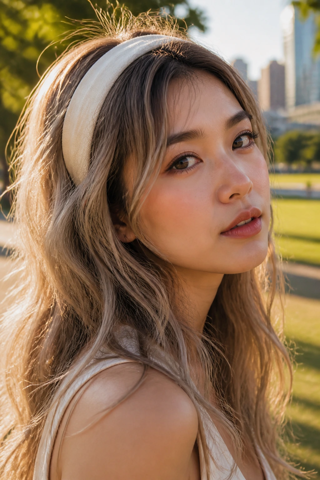 Close-up of a real person with loose beachy waves and a wide headband in bright outdoor light