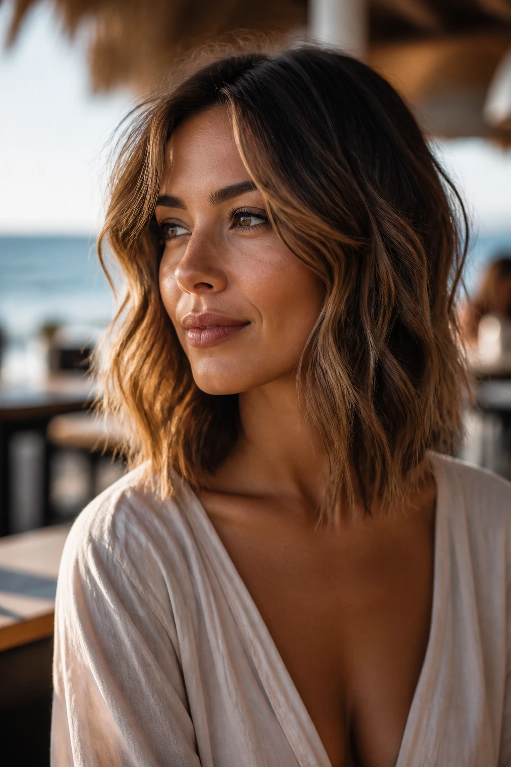 Close-up portrait of a real woman with Beach-Waves Inverted Lob hairstyle in warm sunlight.