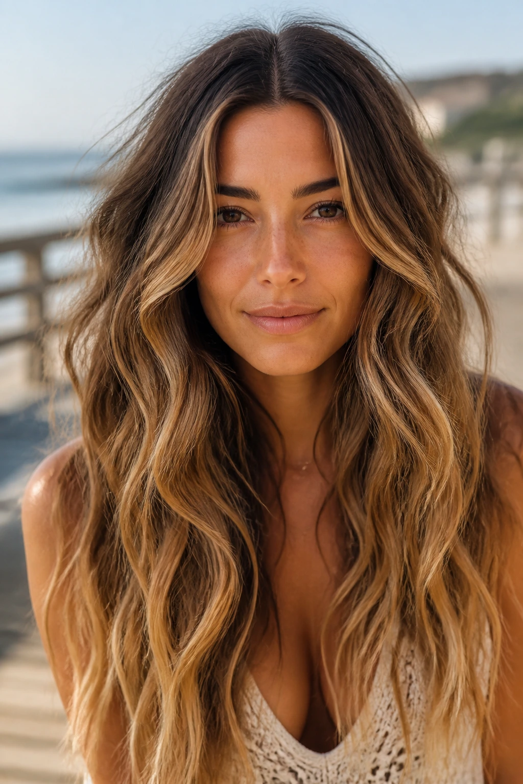 Woman with soft beach waves and middle part, thick hair framing the face.