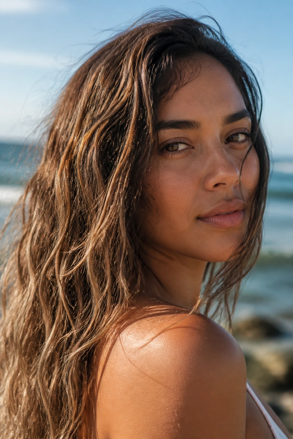 Close-up of Latina with beachy salt-texture waves