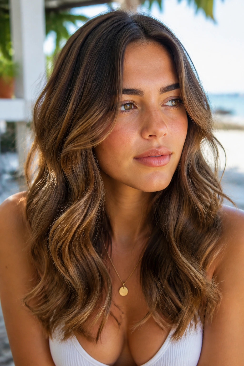 Real person with thick hair styled into loose wrap-around beach waves