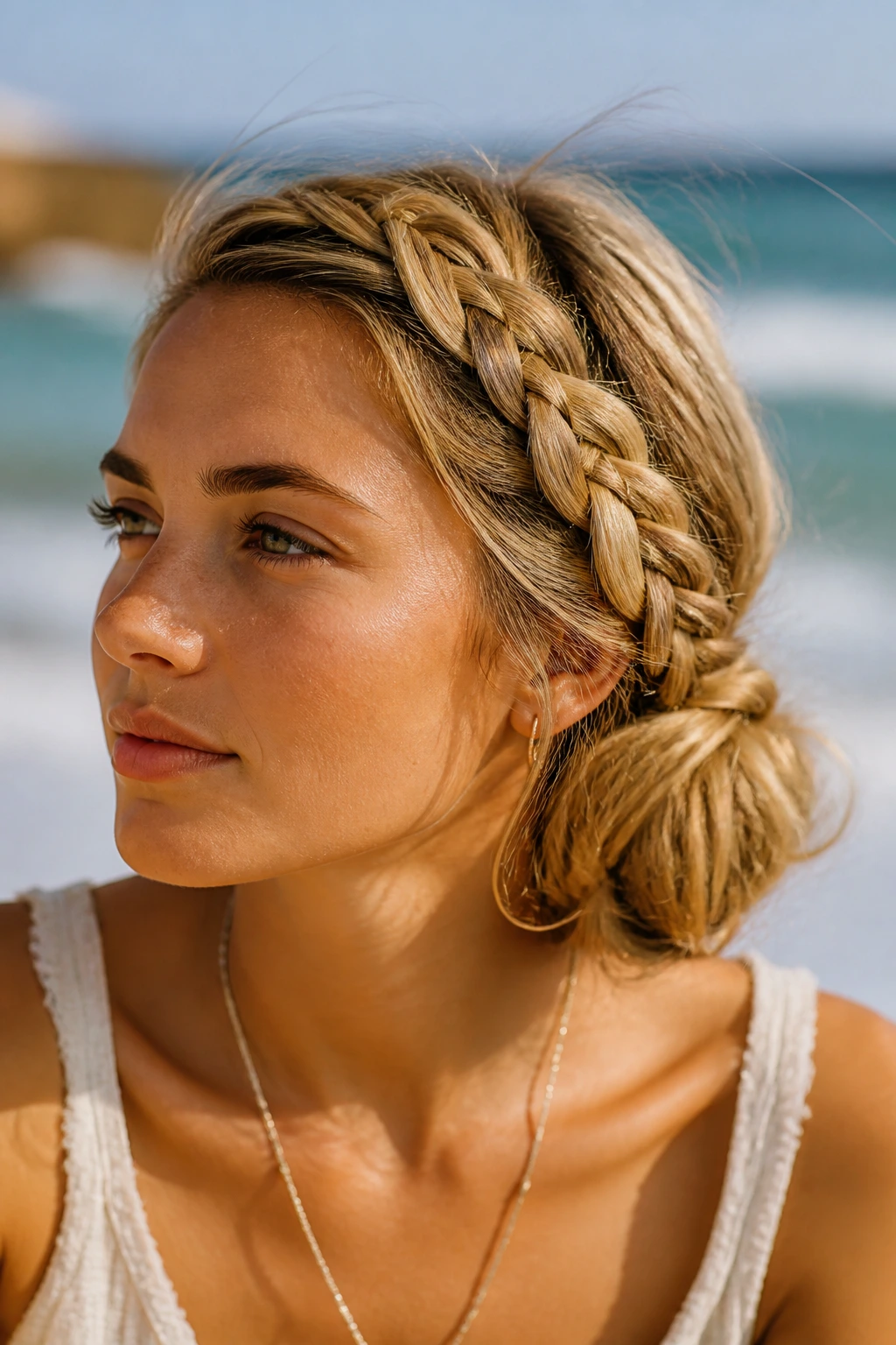 Close-up of a woman with a side braid turning into a messy side bun outdoors