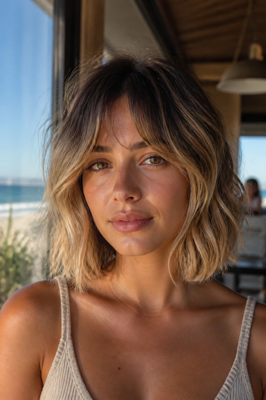 Close-up portrait of a woman with a beachy fringe bob in sunlit setting