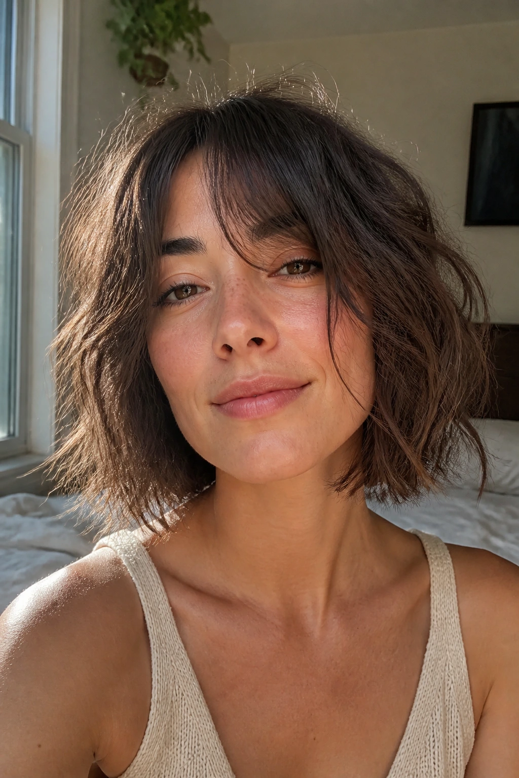 Close-up of a real woman with a center-parted beachy messy bob and curtain bangs.
