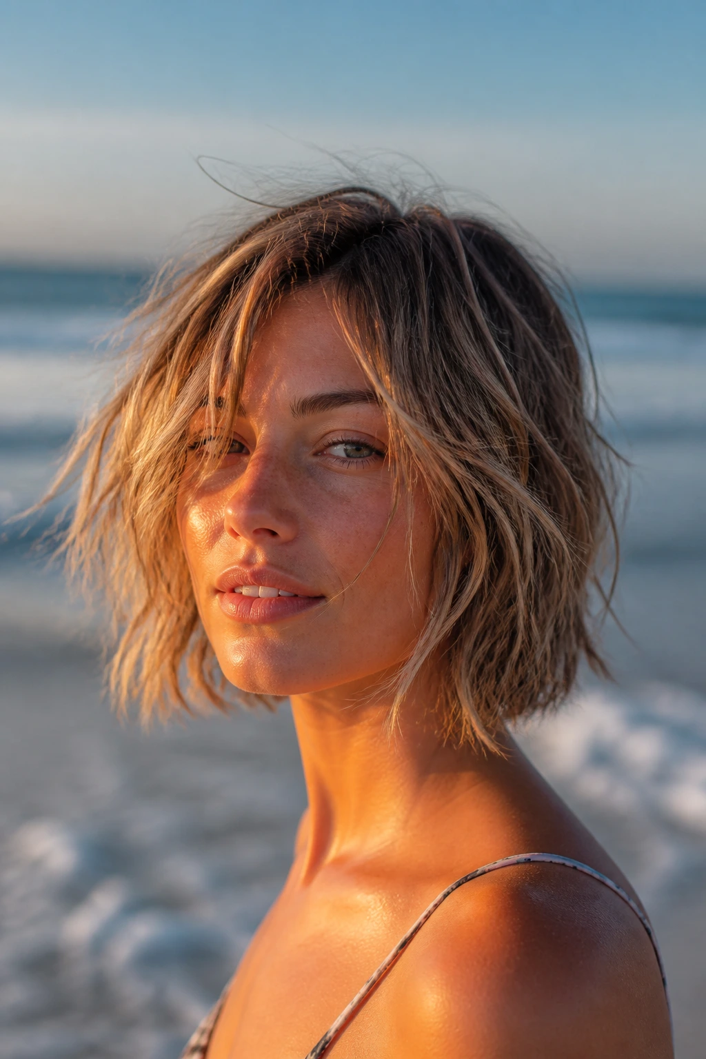 Close-up portrait of a woman with a beachy messy bob at the beach, wind-swept hair and golden light