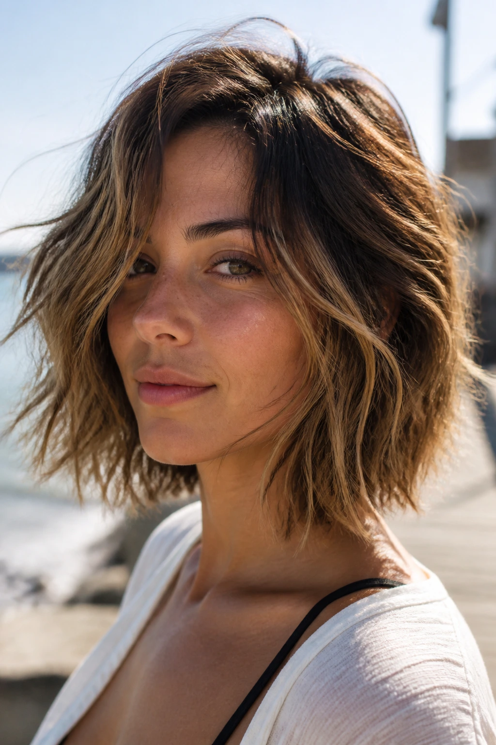 Beachy razored bob with loose waves on a real woman by the sea