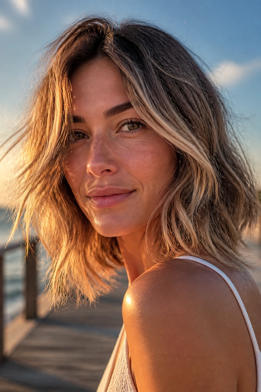 Close-up of a real woman with a beachy textured lob at the seaside