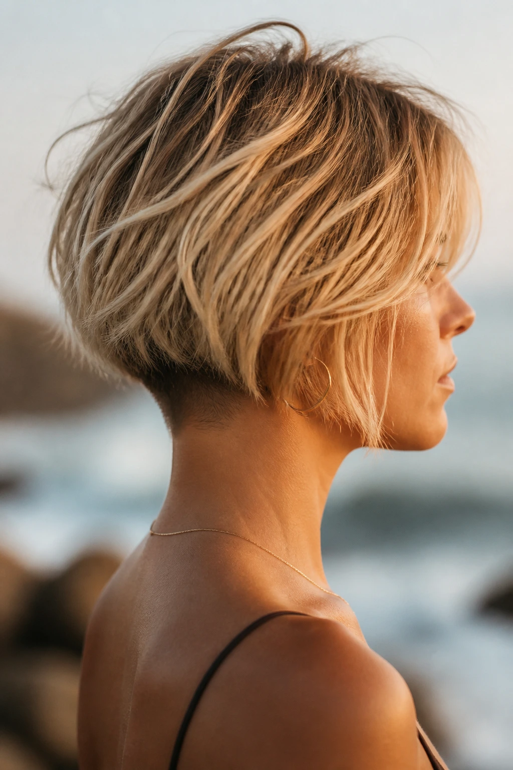 Woman with beachy undercut bob in outdoor seaside setting