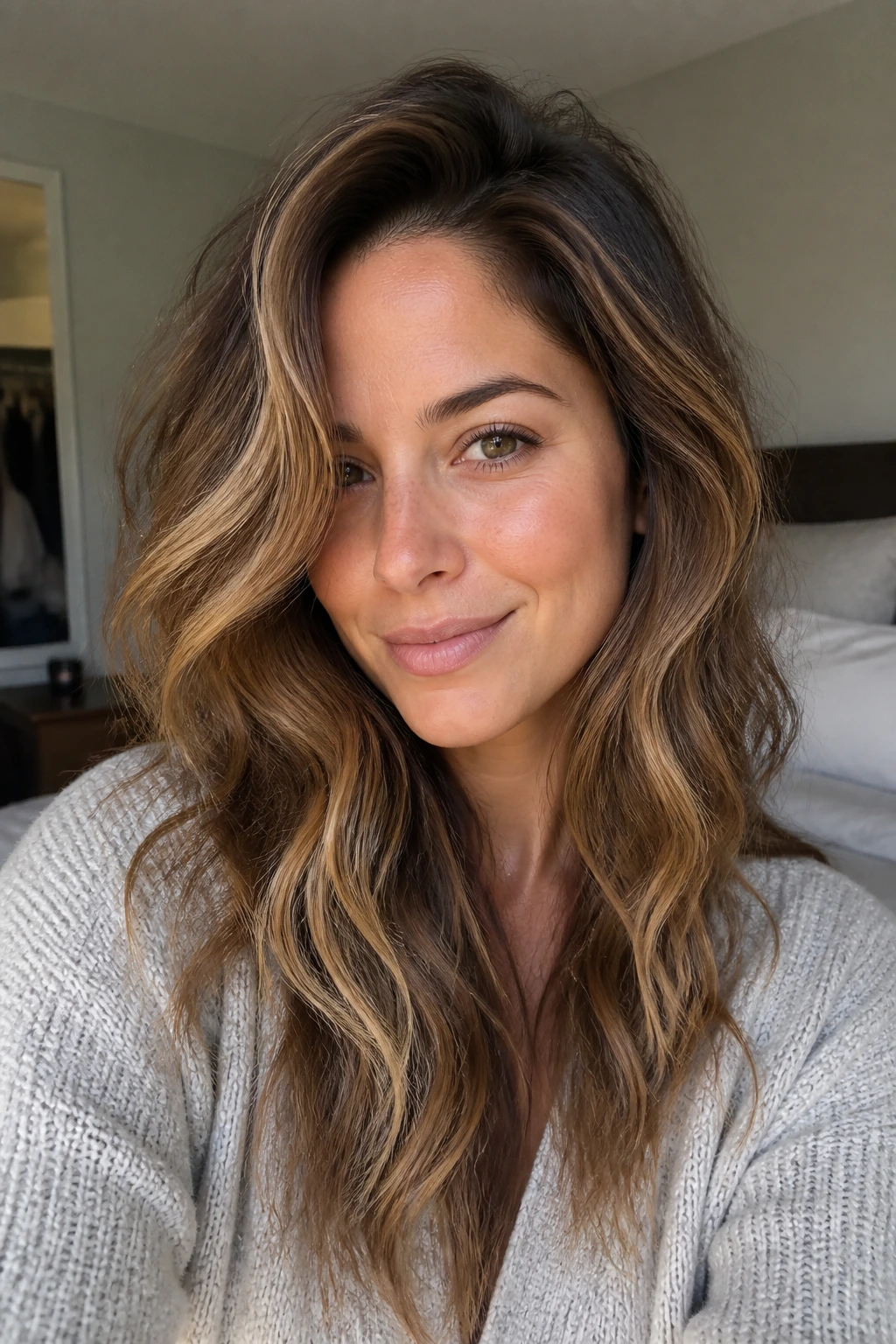 Close-up portrait of a real woman with textured beachy waves and subtle bend