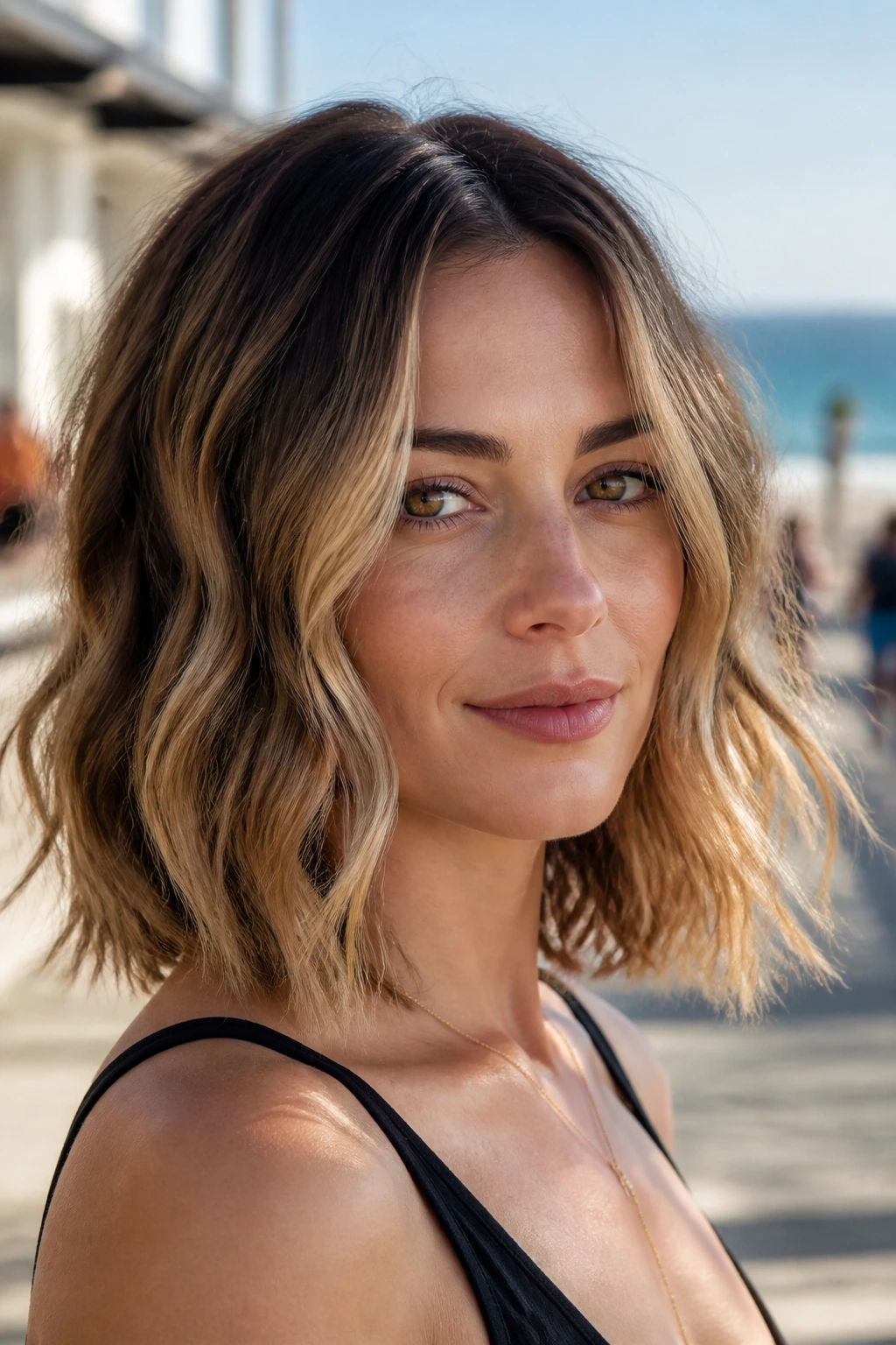 Close-up portrait of a real woman with beach-to-bar wavy lob on a sunny boardwalk