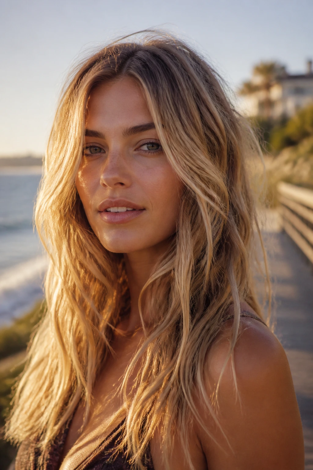 Real woman with beachy waves on seaside boardwalk at golden hour