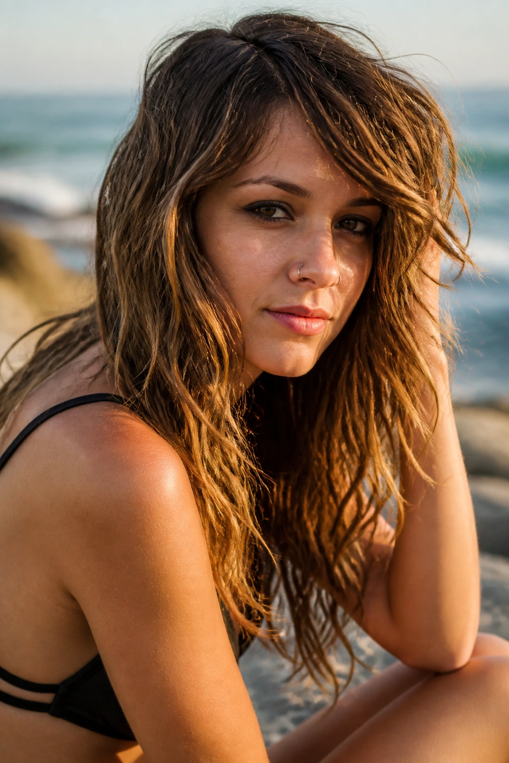 Portrait of a woman with scrunched beachy waves using sea salt spray