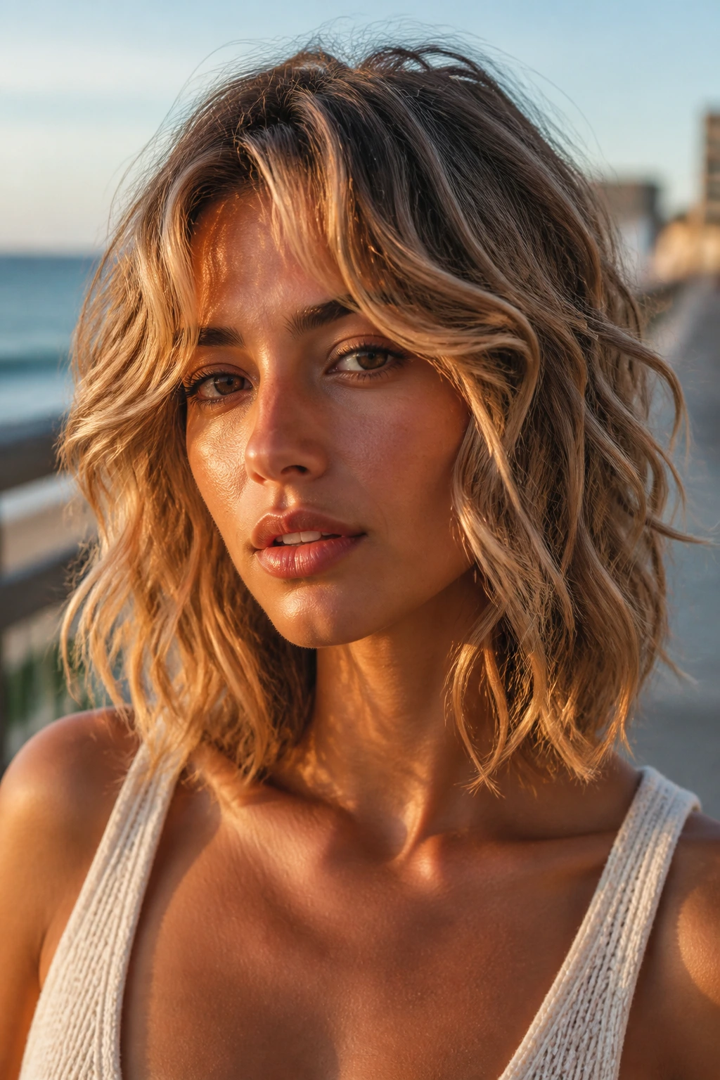 Close-up of a real woman with beachy waves shag and curtain bangs