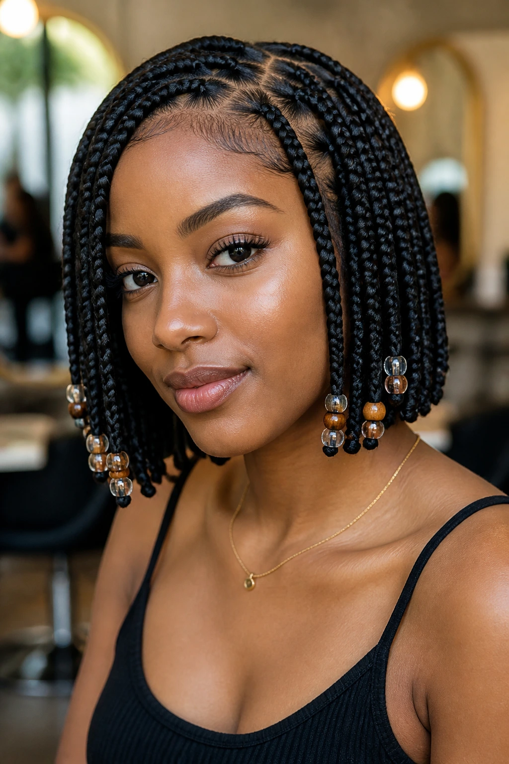 Close-up of real woman with beaded bob braids at the ends under soft light