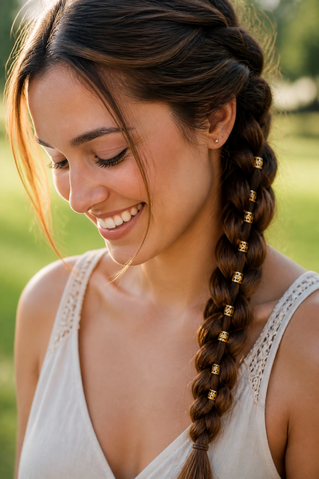 Close-up of a real woman's beaded three-strand braid