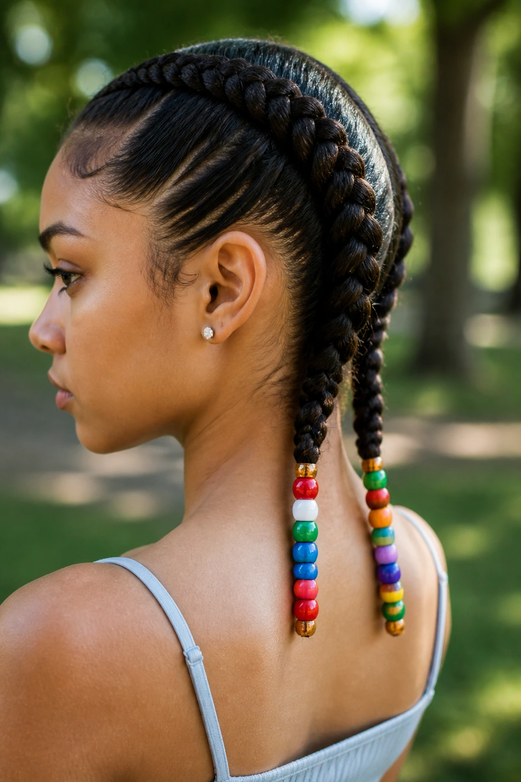 Close-up of two Dutch braids with colorful beads at the ends on a real person.