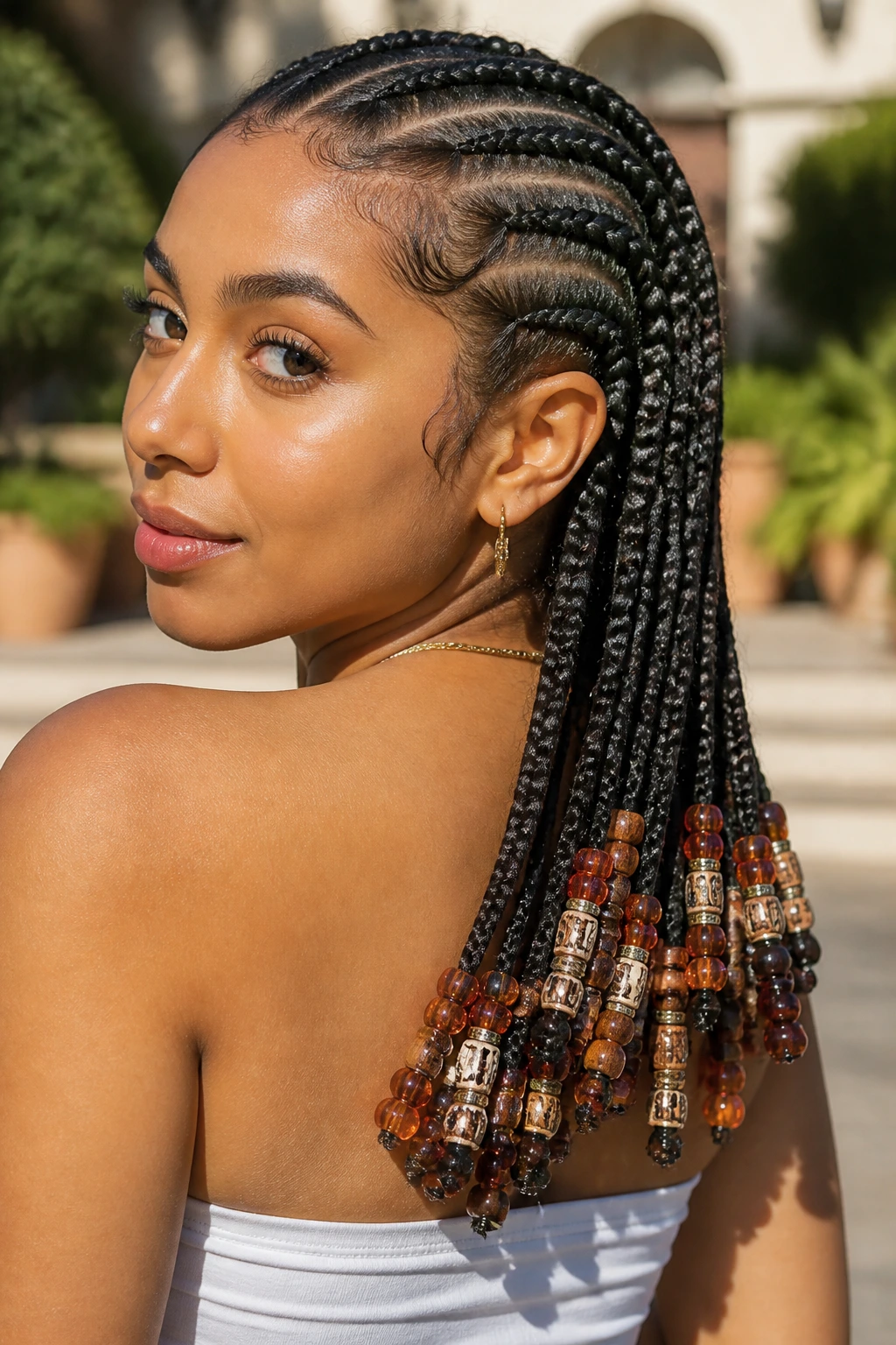 Close-up of braids with beaded ends on a real woman
