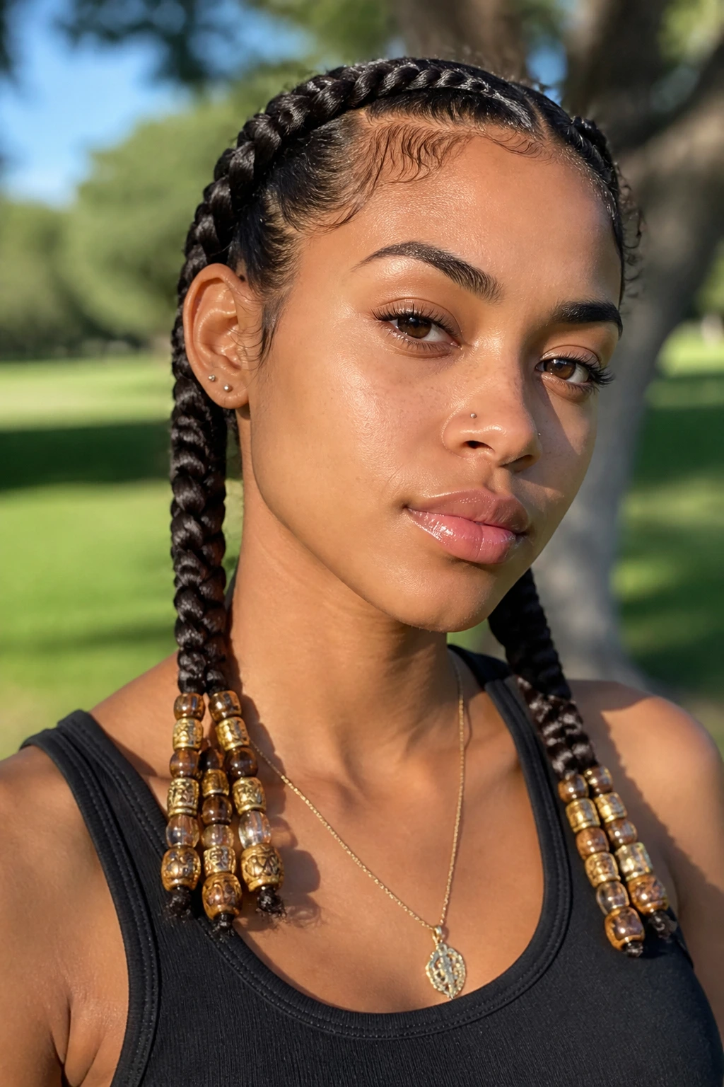 Close-up of real person with beads on the ends of double braids