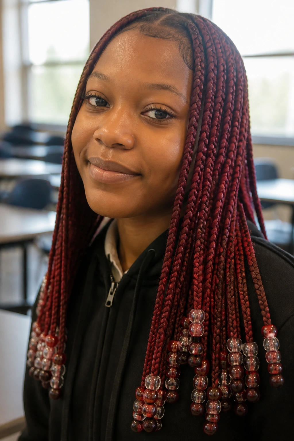Student with long red braids and beaded ends in a classroom